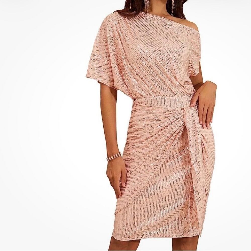 NWT GRACE KARIN Sequined Asymmetric Pink Off Shoulder Bodycon Midi Dress Size L